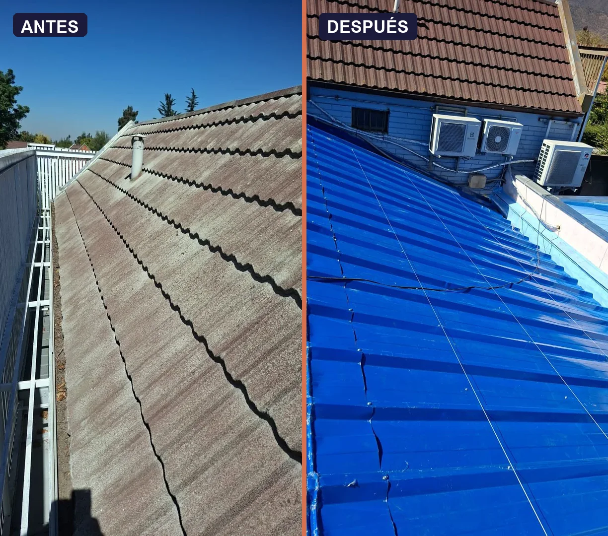 Antes y después de una reparación de techumbre en La Reina por Mantenimiento Plus